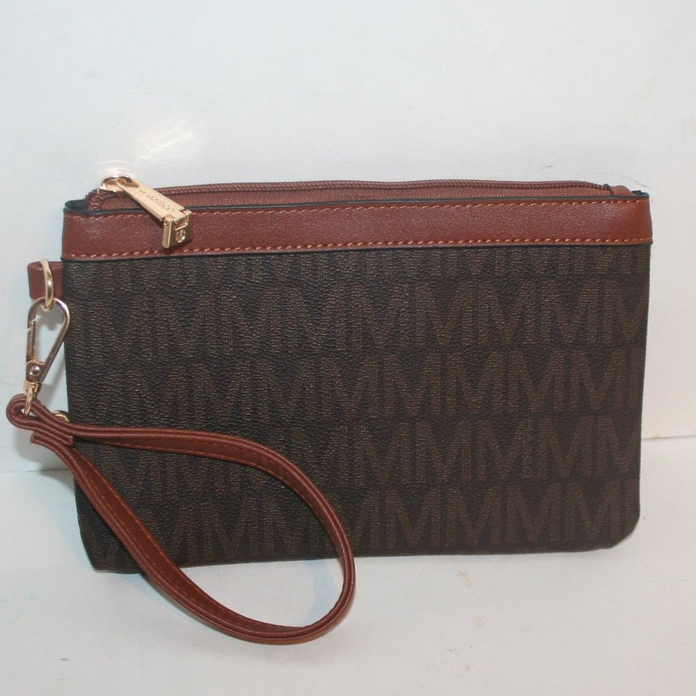 M Marco Monogram Zip Brown / Tan Wristlet Clutch Pouch